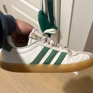 Adidas White Sneakers with Green Stripes and Gum Sole